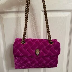 Kurt Geiger Quilted Velvet Shoulder Bag in Fuchsia with Gold Chain